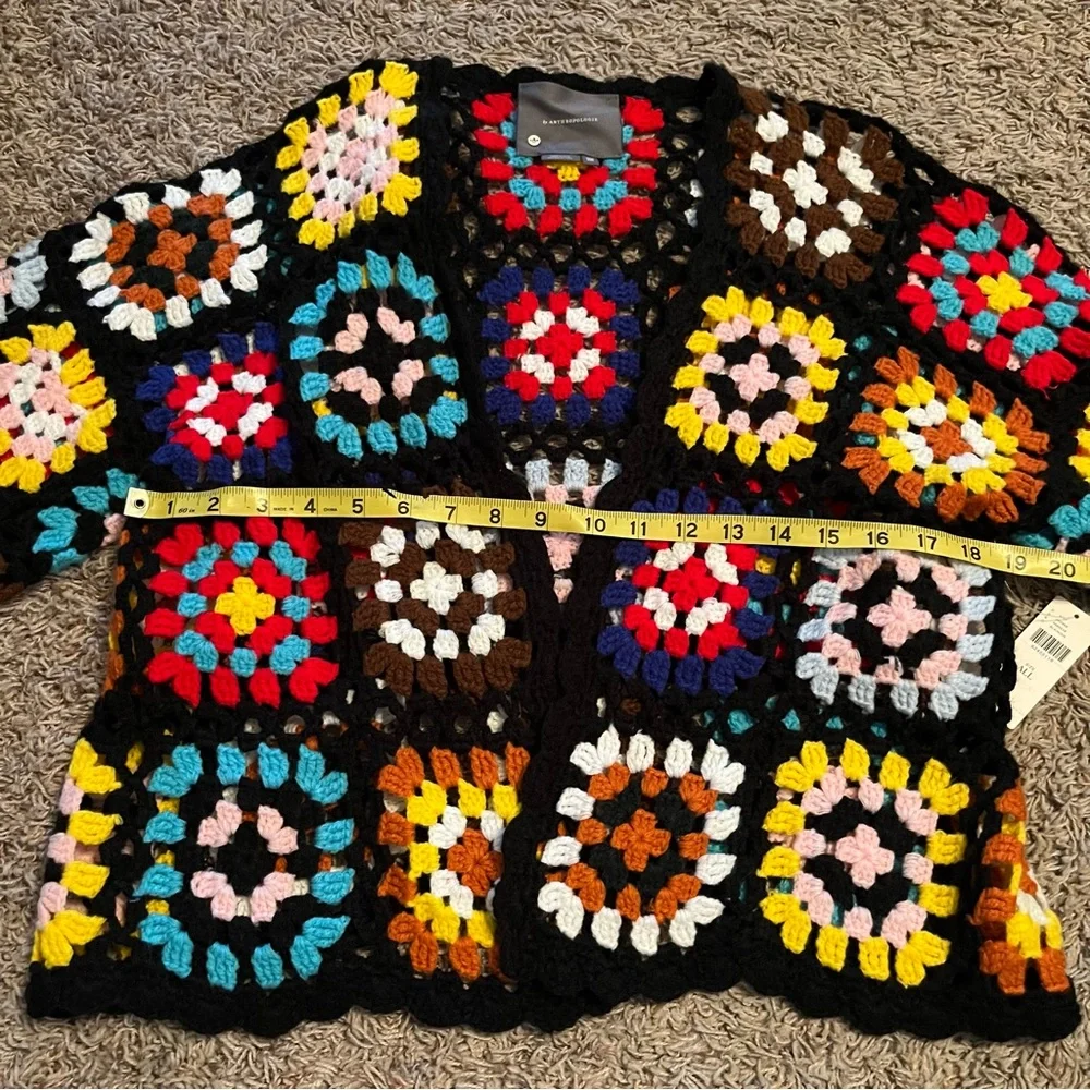 NWT BY ANTHROPOLOGIE Colorblocked Granny Square Crochet Cardigan Black One Size - Picture 10 of 12